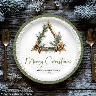 Elegant Boho Scandinavian Pine Wreath Holiday Paper Plate