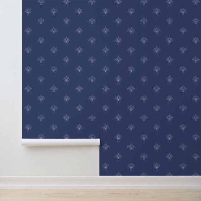 Elegant Boho Small Floral Lotus Dark Blue Wallpaper (Application)