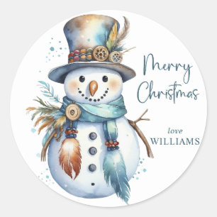 Elegant Boho Snowman Merry Christmas Holiday  Classic Round Sticker