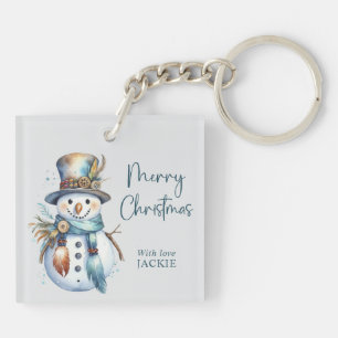 Elegant Boho Snowman Merry Christmas Holiday  Key Ring