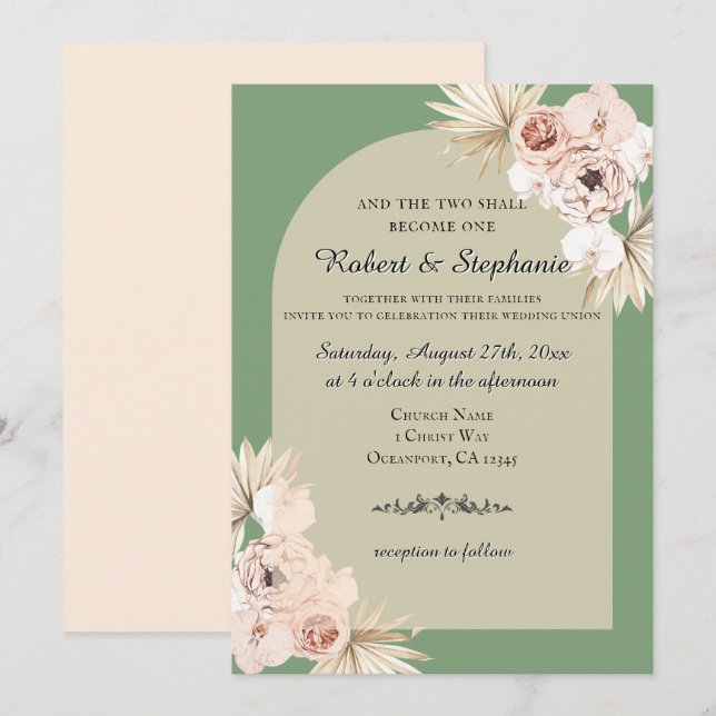 Elegant Boho Spring Peony Christian Wedding  Invitation (Front/Back)