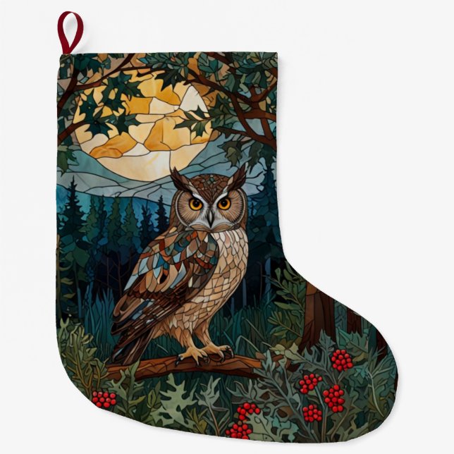 Elegant boho stain glass owl woodland forest large christmas stocking (Front)