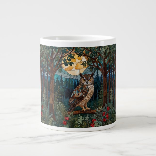 Elegant boho stain glass owl woodland forest large coffee mug (Front)