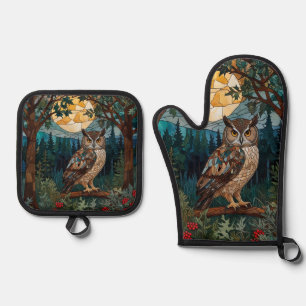 Elegant boho stain glass owl woodland forest oven mitt & pot holder set