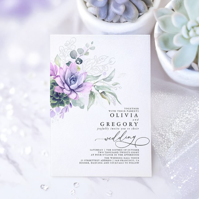 Elegant Boho Succulents Silver Greenery Wedding (Succulents Greenery Purple Boho Silver Foil Wedding Invitation)