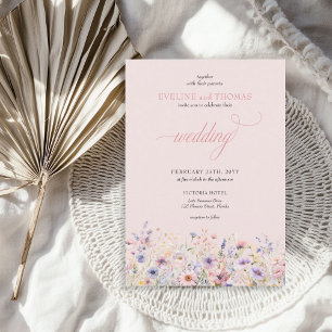 Elegant boho summer purple and pink wildflowers invitation