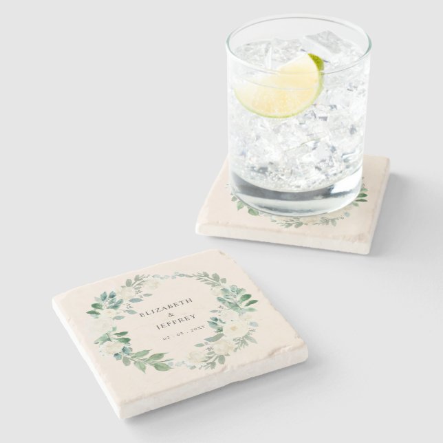 Elegant Boho Summer Spring Ivory Floral Wedding Stone Coaster (Side)