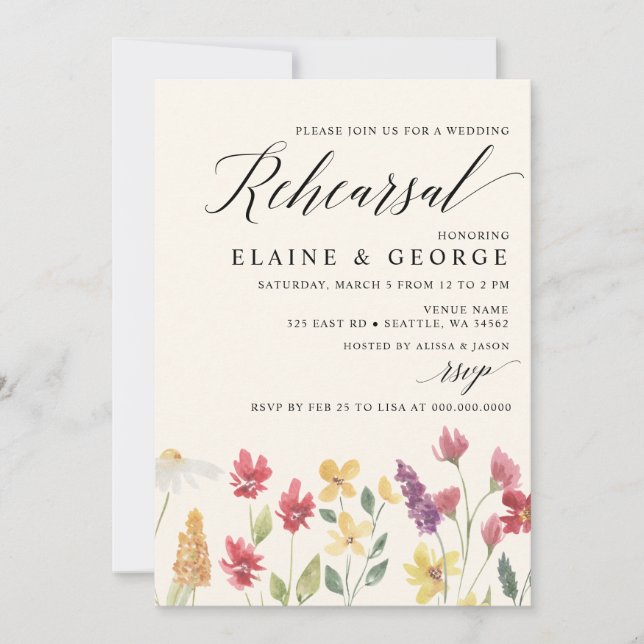 Elegant Boho Summer Wildflowers Rehearsal Dinner Invitation (Front)