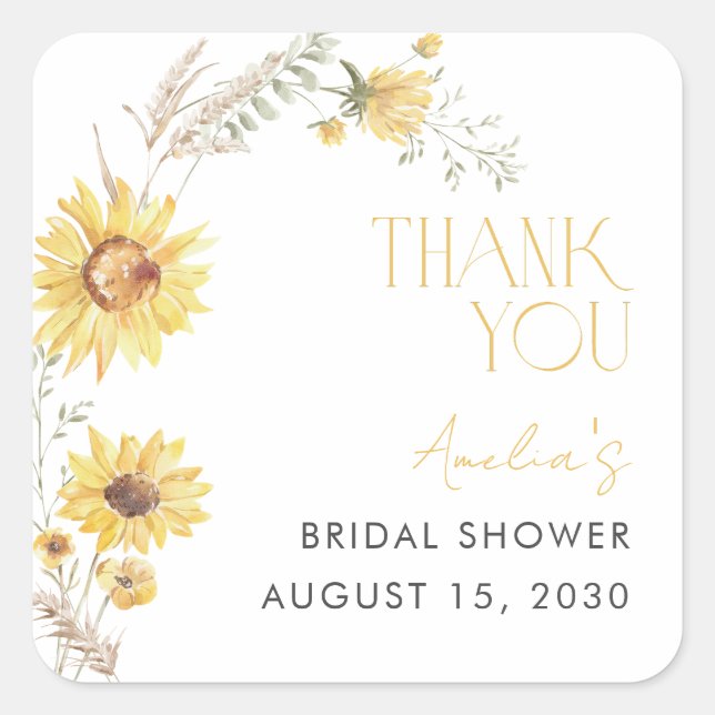 Elegant Boho Sunflower Bridal Shower Thank You Square Sticker (Front)