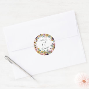 Elegant Boho Sunflower Rustic Floral Fall Wedding Classic Round Sticker