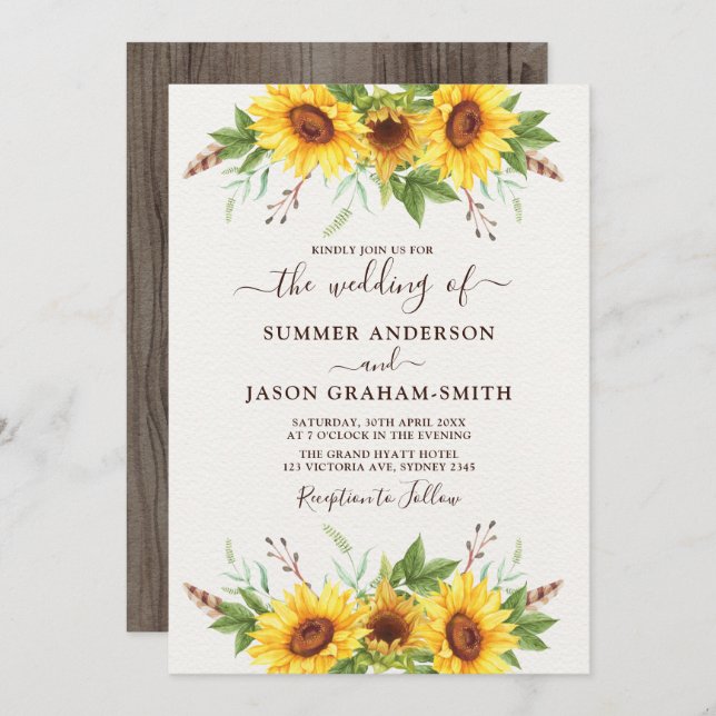 Elegant Boho Sunflowers Summer Watercolour Wedding Invitation (Front/Back)