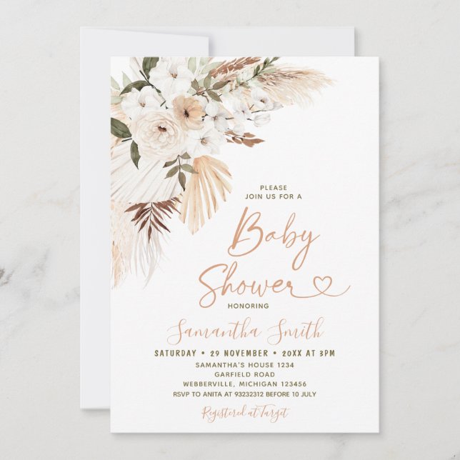 Elegant Boho Terracota White Flowers Baby Shower Invitation (Front)