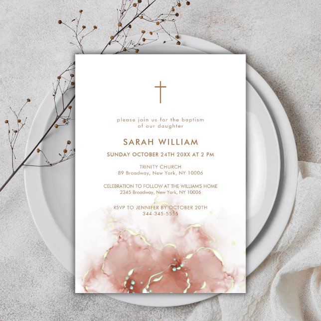 Elegant Boho Terracotta Agate Gold Cross Baptism  Invitation (Elegant Boho Terracotta Agate Gold Cross Baptism Invitation)