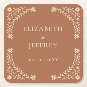 Elegant Boho Terracotta Floral Wedding  Square Paper Coaster