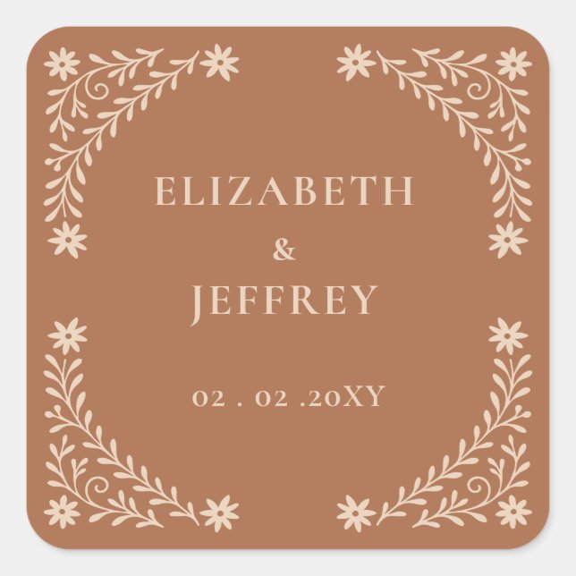 Elegant Boho Terracotta Floral Wedding  Square Sticker (Front)