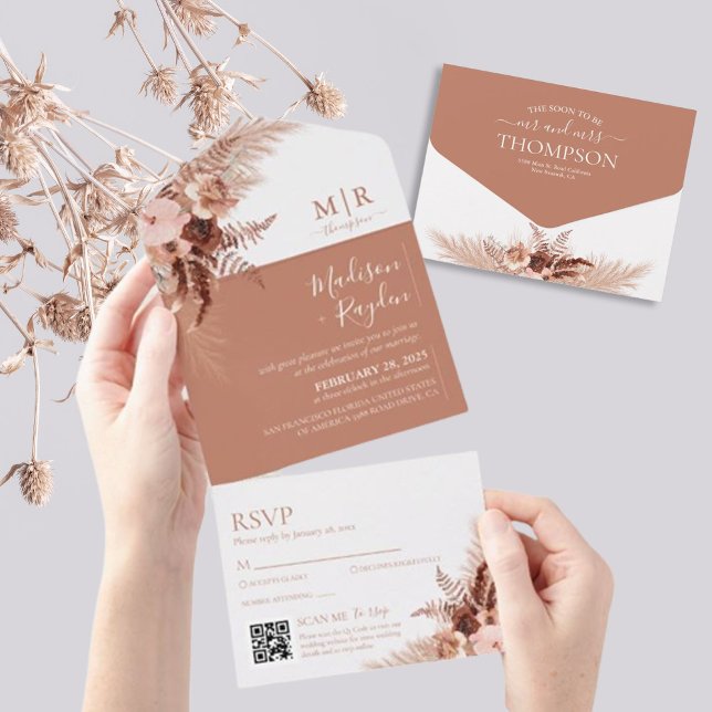 Elegant Boho Terracotta Pampas QR Code Wedding All In One Invitation (Creator Uploaded)