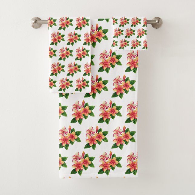Elegant Boho Tropical Pink Flowers on White Bath Towel Set (Insitu)