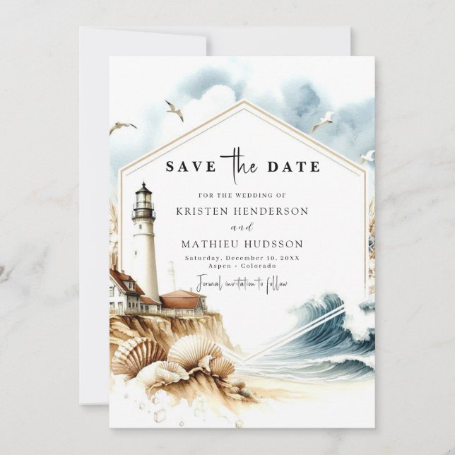 Elegant Boho Typography Lighthouse Wedding Save The Date (Front)
