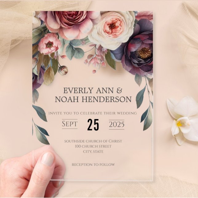 Elegant Boho Victorian Rose Bouquet Wedding  Acrylic Invitations (Creator Uploaded)
