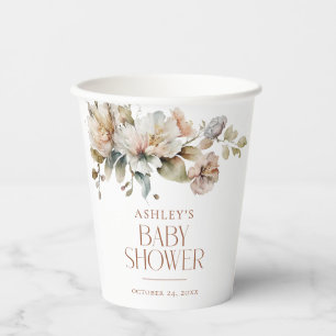 Elegant Boho Vintage Floral Botanical Baby Shower Paper Cups