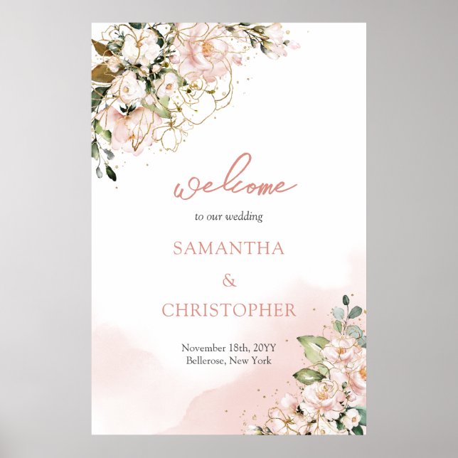Elegant boho watercolor blush pink wedding welcome poster (Front)