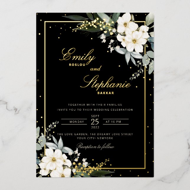 Elegant Boho Watercolor Floral Black Gold Wedding  (Front)