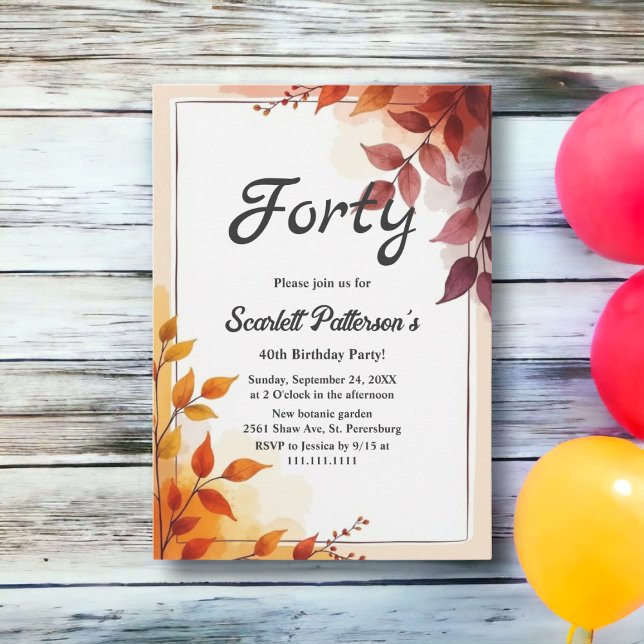 Elegant Boho Watercolor Floral Fall 40th Birthday Invitation (Creator Uploaded)