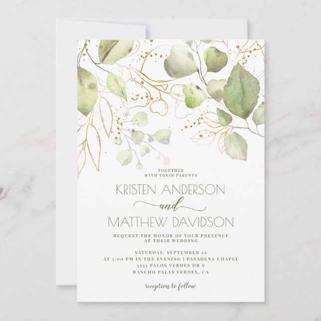 Elegant Boho Watercolor Greenery Gold Wedding Invitation (Front)