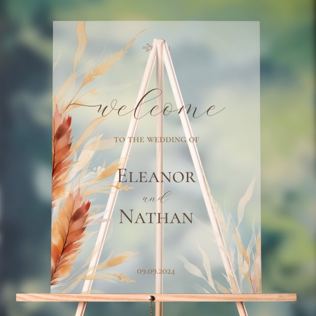 Elegant Boho Watercolor Pampas Fall Wedding Acrylic Sign (Neutral)
