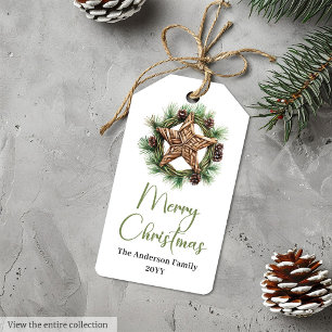 Elegant Boho Watercolor Pine Wreath Xmas Gift Tag