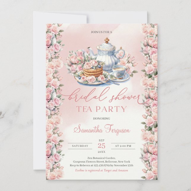 Elegant boho watercolor soft pink roses tea party invitation (Front)