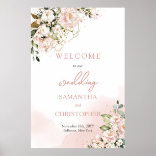 Elegant boho watercolor soft pink wedding welcome poster