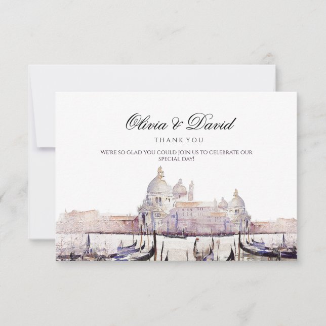 Elegant Boho Watercolor Venice Script Wedding Thank You Card (Front)