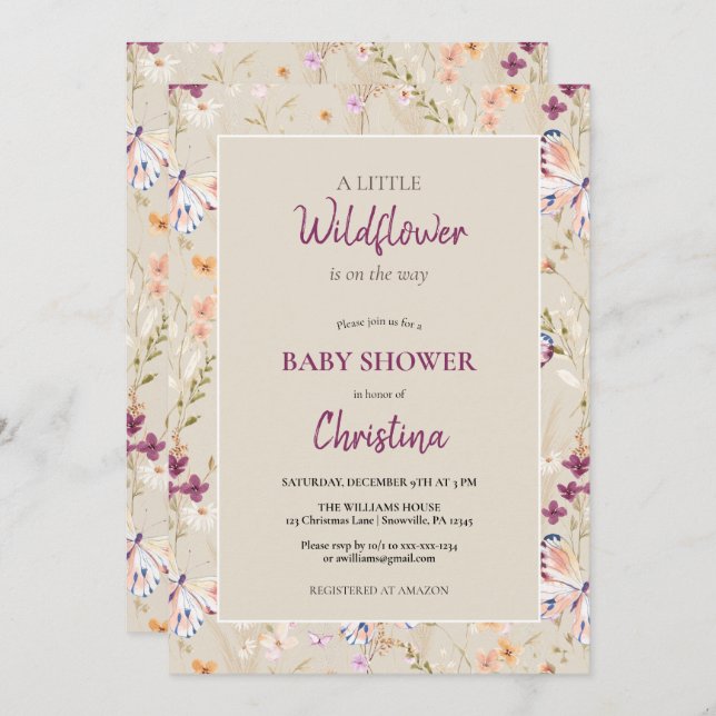 Elegant Boho Watercolor Wildflower Baby Shower Invitation (Front/Back)