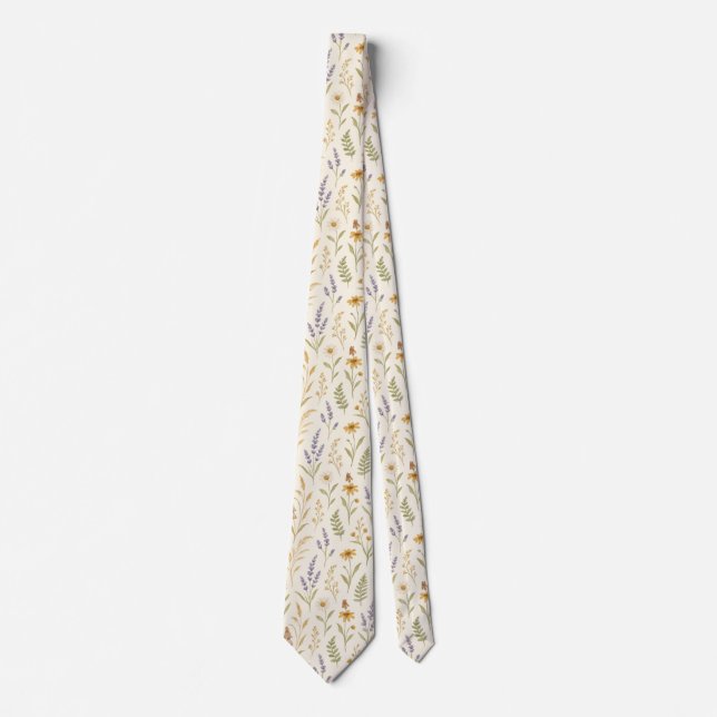 Elegant Boho Watercolor Wildflower Floral Tie (Front)