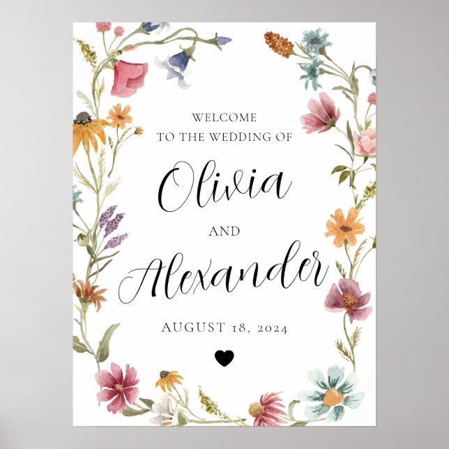 Elegant Boho Watercolor Wildflower Garden Wedding Poster (Front)