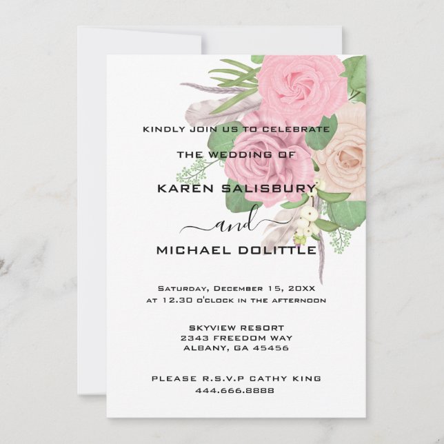 Elegant Boho Wedding Invite - Floral Pink Bouquet (Front)