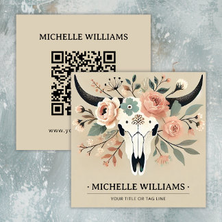 Elegant Boho Western Bull Cow Skull with QR Code  Square Business Card