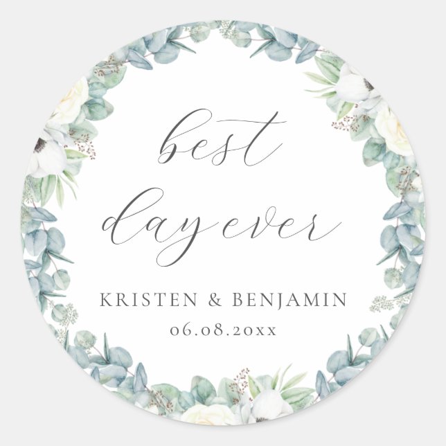 Elegant Boho White Floral Greenery Wedding Favour Classic Round Sticker (Front)