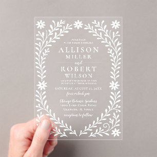 Elegant Boho White Floral Wedding Acrylic Invitations