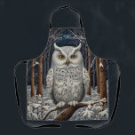 Elegant boho white owl woodland winter forest apron<br><div class="desc">Immerse yourself in the enchanting allure of this elegant bohemian owl artwork, where nature's elegance meets timeless artistry. Set against a lush winter forest backdrop, this exquisite piece captures the serene beauty of a pristine woodland landscape, rich with intricate details of the snow covered trees against midnight blue starry sky,...</div>
