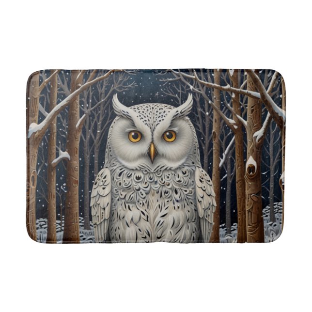 Elegant boho white owl woodland winter forest bath mat (Front)