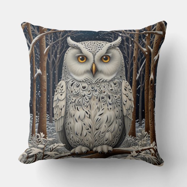 Elegant boho white owl woodland winter forest cushion (Front)