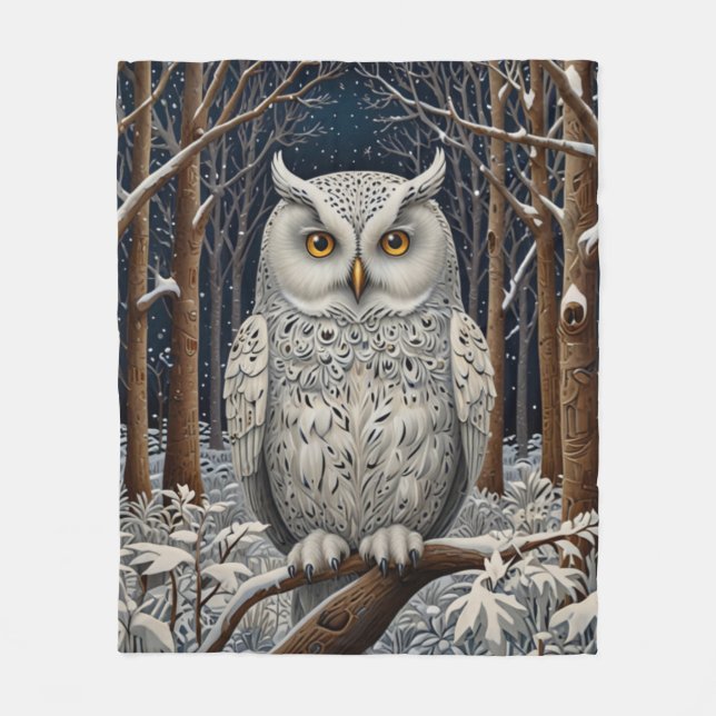 Elegant boho white owl woodland winter forest fleece blanket (Front)