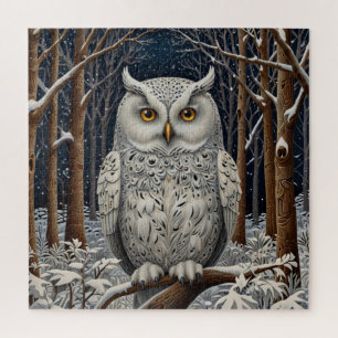 Elegant boho white owl woodland winter forest jigsaw puzzle