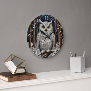 Elegant boho white owl woodland winter forest large clock