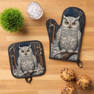 Elegant boho white owl woodland winter forest oven mitt & pot holder set