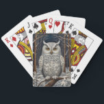 Elegant boho white owl woodland winter forest playing cards<br><div class="desc">Immerse yourself in the enchanting allure of this elegant bohemian owl artwork, where nature's elegance meets timeless artistry. Set against a lush winter forest backdrop, this exquisite piece captures the serene beauty of a pristine woodland landscape, rich with intricate details of the snow covered trees against midnight blue starry sky,...</div>
