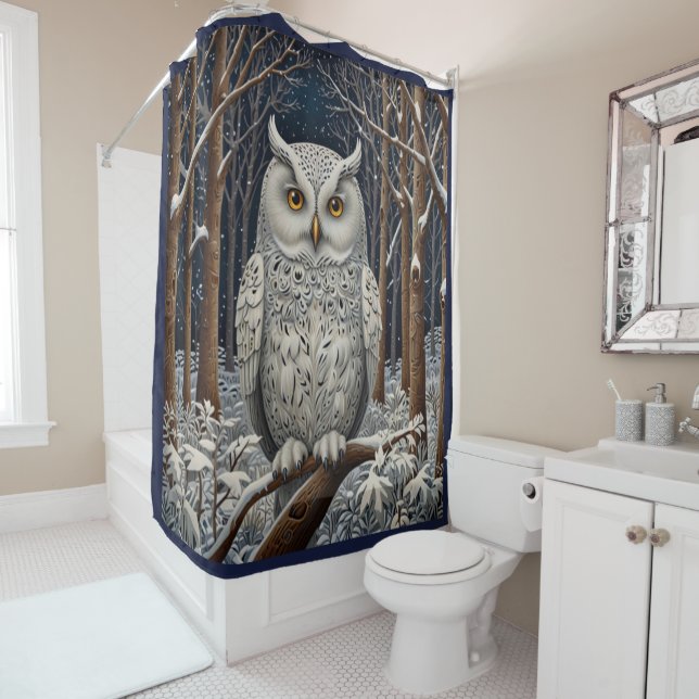 Elegant boho white owl woodland winter forest shower curtain (In Situ)
