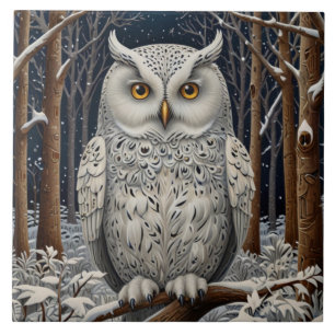 Elegant boho white owl woodland winter forest tile